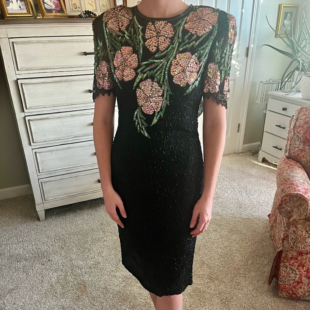 Scala Black Dress with Pink and Green Floral Design